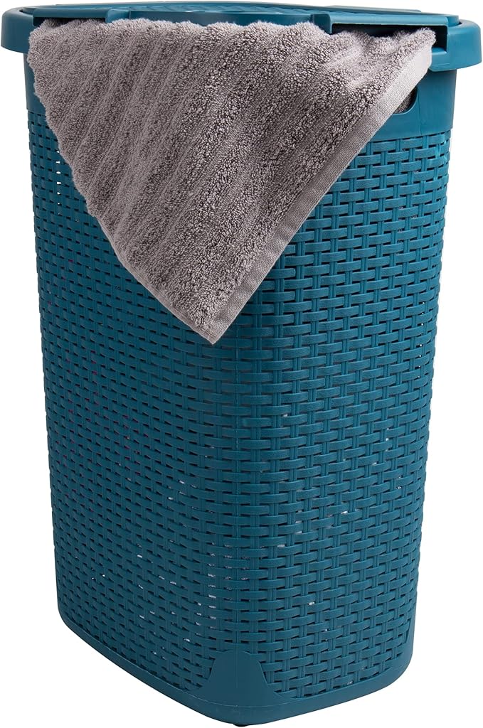 Mind Reader Slim Laundry Hamper with Lid, 60L Clothes Basket, Premium Wicker Design, Plastic, Blue