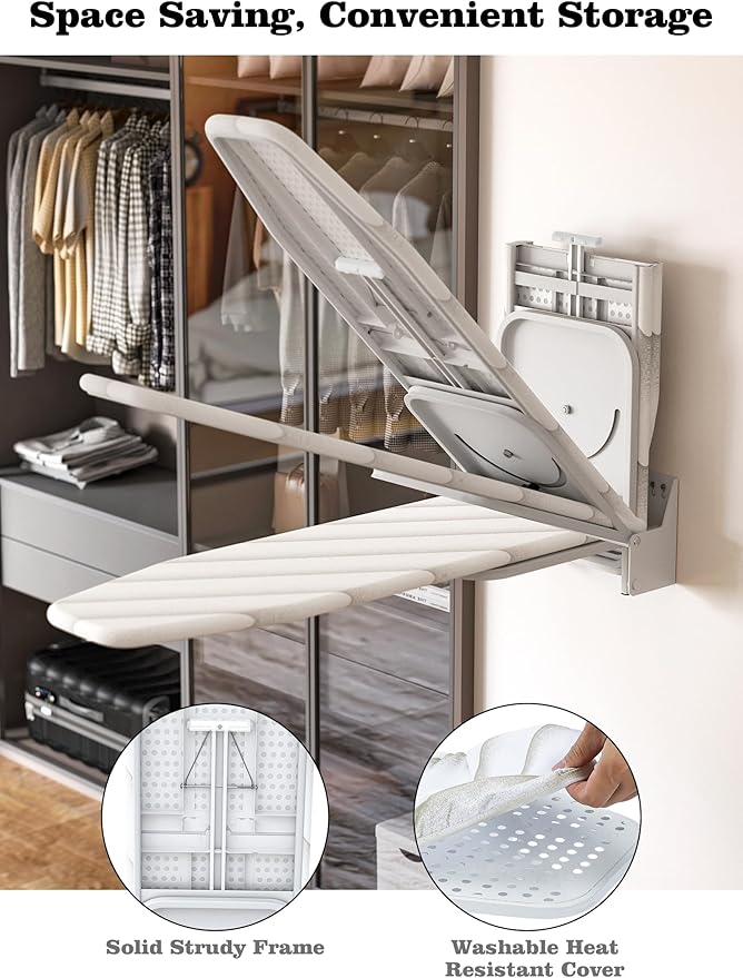 Nisorpa Wall Mounted Ironing Board 37.4" x 11.8" Fold Away 180° Swivel Iron Board with Heat Resistant Cover in Wall Ironing Board Space Saving for Home Laundry Room