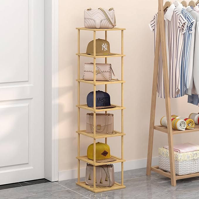 Bamboo Free Standing Shoe Rack Shelf Multi Tier Tall Wooden Stackable Shoes Rack Organizer for Closet Front Door Entrance Narrow Vertical Shoe Storage (Bamboo, 7 Tiers)