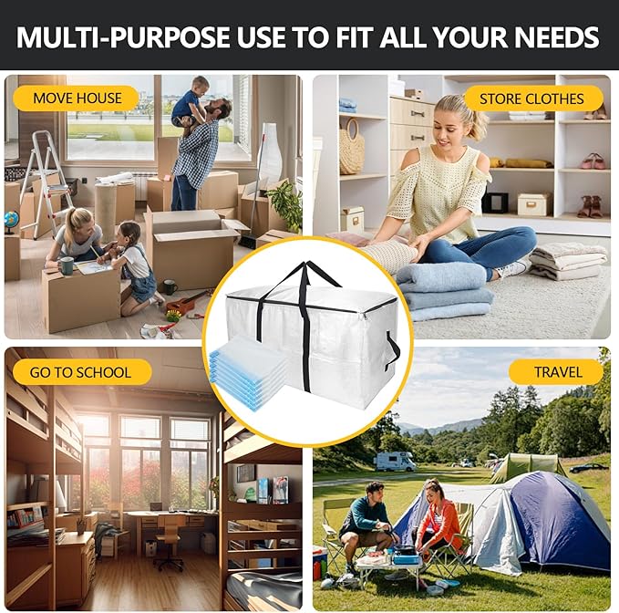 Extra Large Storage Bags Set Heavy Duty Moving Totes with Handles, Waterproof Dual-Way Carrying Design & Vacuum Space Bag,College Dorm,Christmas Decorations(4 Moving bag & 10 Vacuum Seal Bags)