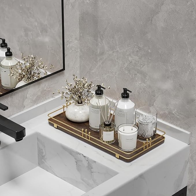 Toilet Paper Basket, Bathroom Basket for Counter Toiletries Towel Decor, Toilet Tank Tray, Guest Back of Toilet Organizer Storage, Vanity Tray for Perfume Makeup, Kitchen 13”x6.5” Brown-Gold