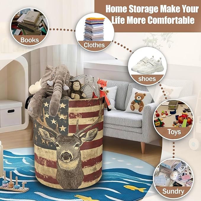Laundry Hamper,American Flag Deer Laundry Baskets,Waterproof Oxford Cloth Toy Storage for Bedroom,Bathroom,Nursery,16x20.8 Inch