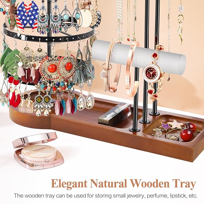 KALYLOC Jewelry Earring Holder Organizer, Adjustable 5 Tiers Rotating Earring Holder 3 Tier Necklace Holder with Wooden Base, Multi-Functional Jewelry Organizer Display Stand for Studs Bracelet Women