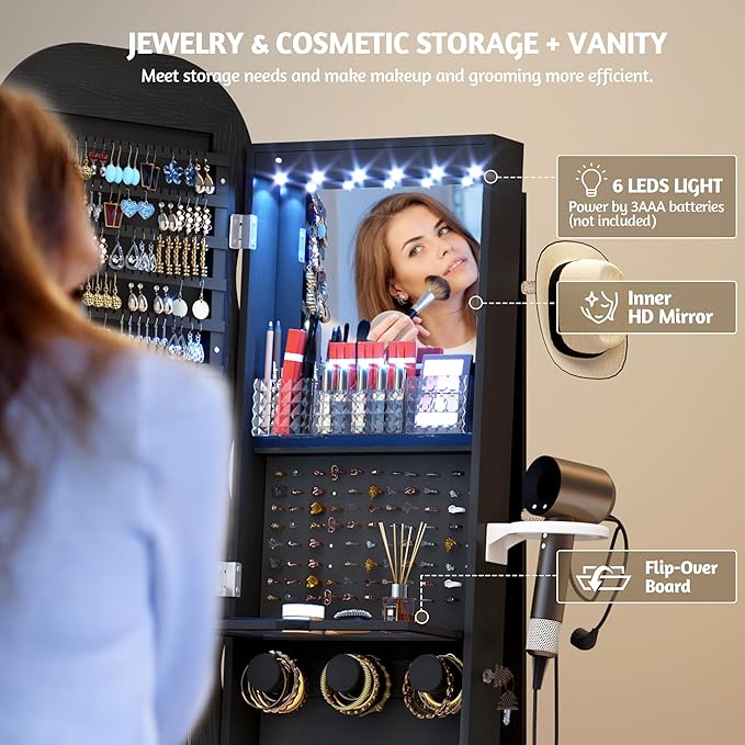 Vlsrka 360° Swivel Jewelry Aromire with Wavy Mirror, Lockable Jewelry Organizer Mirror Full Length, Rotatable Standing Mirror with Storage, Jewelry Cabinet, Interior Mirror, Flodable Shef, Black