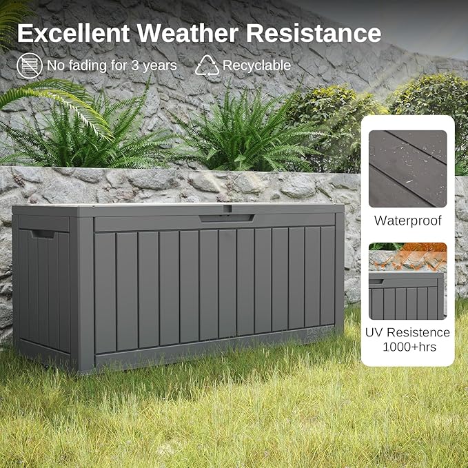 EAST OAK Outdoor Storage Box, 90 Gallon Deck Box, Water-Resistant Resin Storage Bin for Patio Cushions, Gardening Tools, UV Resistant, Lockable, Grey