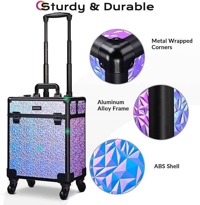 BYOOTIQUE Rolling Makeup Case on Wheels 3-Piece Lockable Cosmetology Organizer Kit Hair Tool Travel Bag for Lash Artist Nail Slon Beauty Studio Hairstylist Esthetician,Mermaid Purple