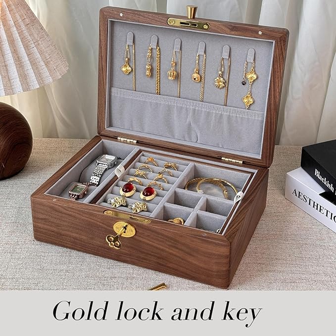 Bescott 2 Layers Solid Black Walnut Wooden Jewelry Box for Women with Lock and Key Wood Vintage Organizer for Men Earrings Rings Necklaces Bracelet Storage Mother's Day Gift
