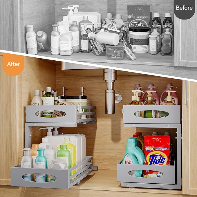 Under Sink Organizer, 2 Tier Under Sink Organizers and Storage, Adjustable Height, Slide out Metal Cabinet Organizers, Pull out Cabinet Storage Drawer Shelf for Kitchen Bathroom Gray 1Pack