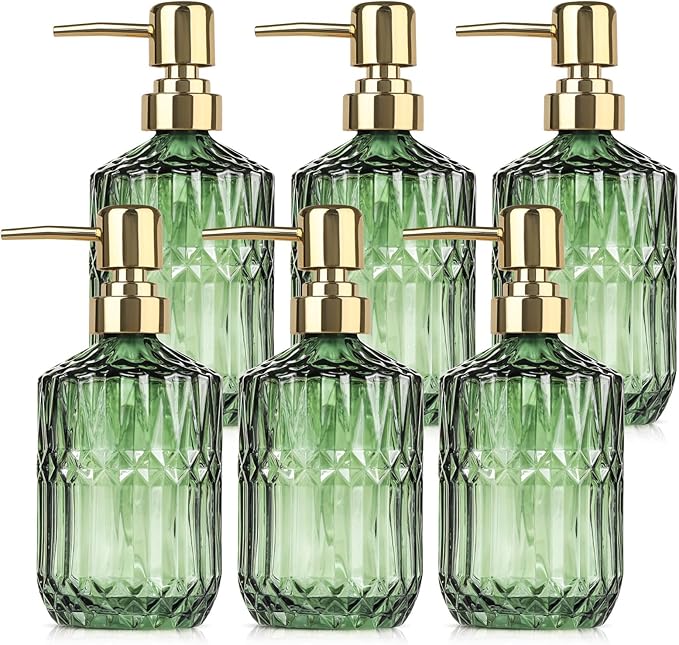 6 Pack Glass Soap Dispenser with Pump 15.2 oz Refillable Liquid Hand Soap Dish Soap Dispensers Vintage Soap Dispenser Liquid Bottle for Kitchen Sink Bathroom Counter(Green,Gold Pump Head)