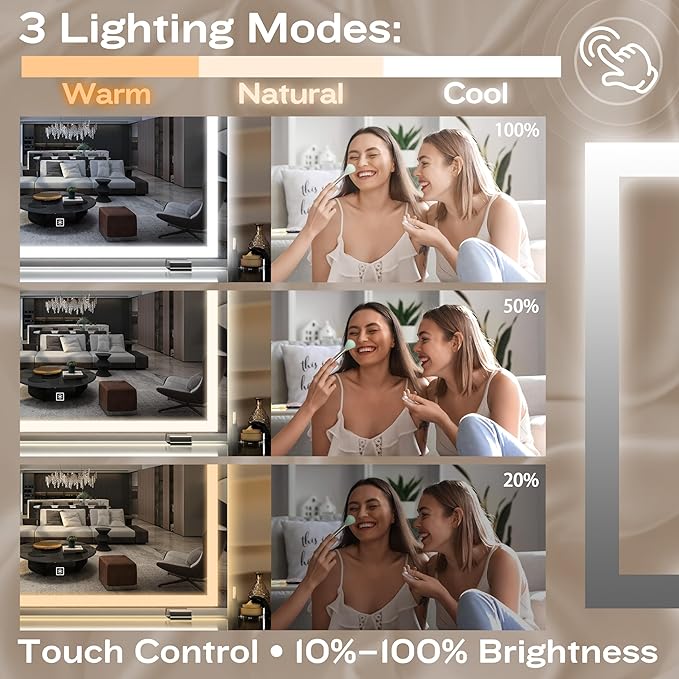 HNV Vanity Mirror with Lights 32"x22" Large Lighted Makeup Mirror, Dimmable 3-Color LED, Touch Screen, Wall-Mount or Tabletop, Ultra-Clear for Bathroom & Bedroom (White)