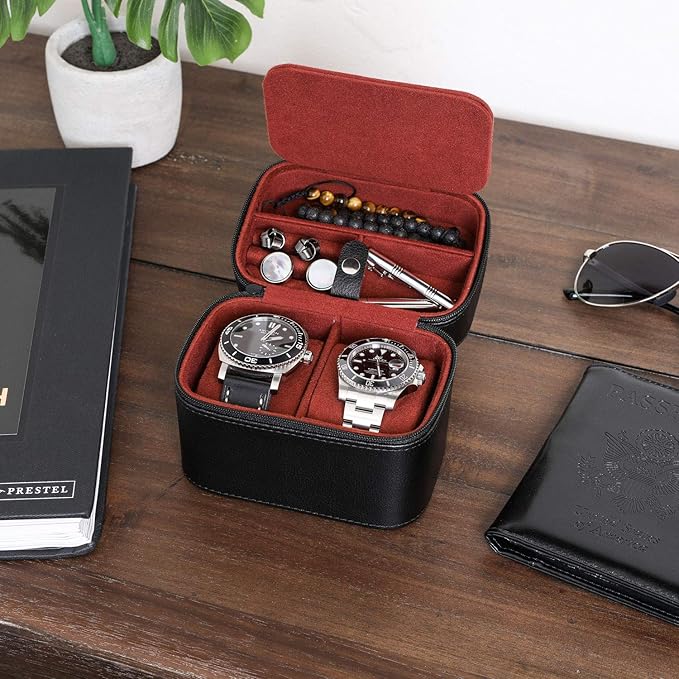 ROTHWELL Gift Set 6 Slot Leather Watch Box and 2 Watch Travel Case - Luxury Case Organizer, Microsuede Liner, Locking Mens Jewelry Watches Holder, Storage Boxes Glass Top (Black/Red Gift Set)