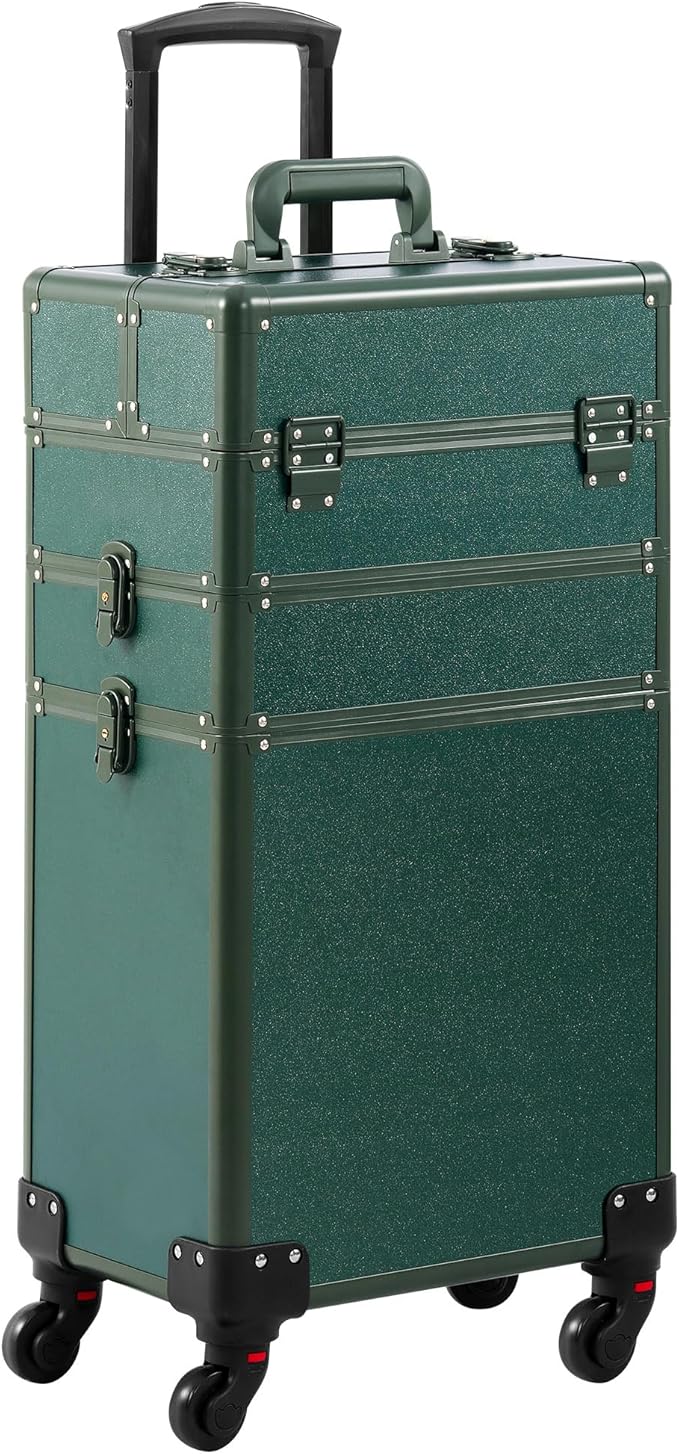 Makeup Train Case, Rolling Makeup Case, 3 in 1 Cosmetology Case on Wheels, Christmas Gift, Large Makeup Case Organizers, Profesional Cosmetic Case for Salon Barber, Green