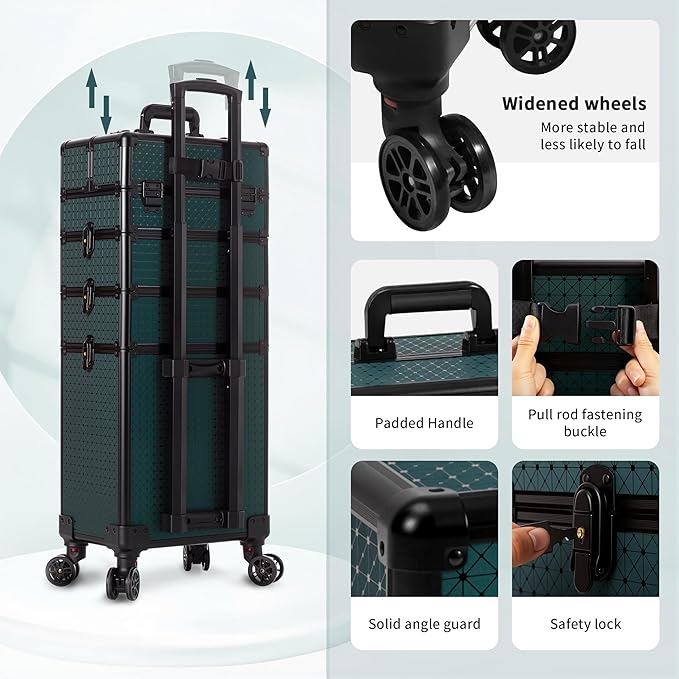 AROUS Rolling Makeup Train Case 4 in 1 Cosmetology Case on Wheels Large Storage Cosmetic Trolley with Key Salon Barber Case Traveling Cart Trunk, Green