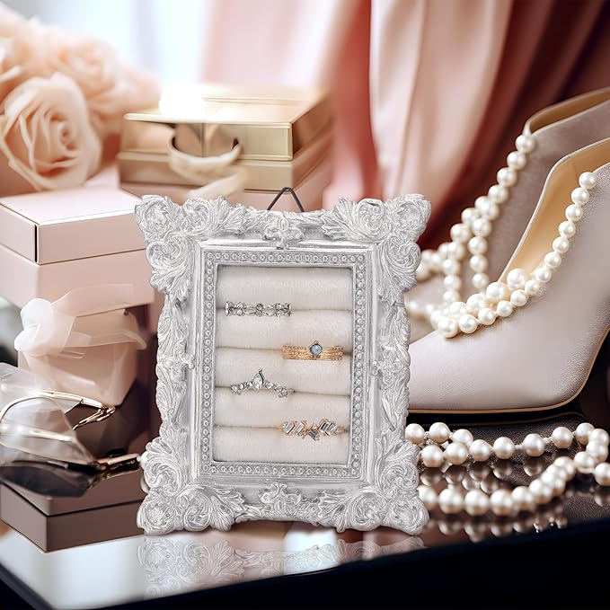 Vintage Ring Holder Rectangle Sliver Ring Display Stand Frame Earring Display Tray Anniversary Engagement Baroque Wedding Jewelry Organizer Photograph Prop for Women Christmas Gift