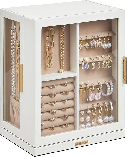 360° Rotating Jewelry Box with 5 Drawers, Spacious Vertical Jewelry Organizer with Glass Window, Jewelry Storage Case, Dustproof & Moisture-resistant Design, White