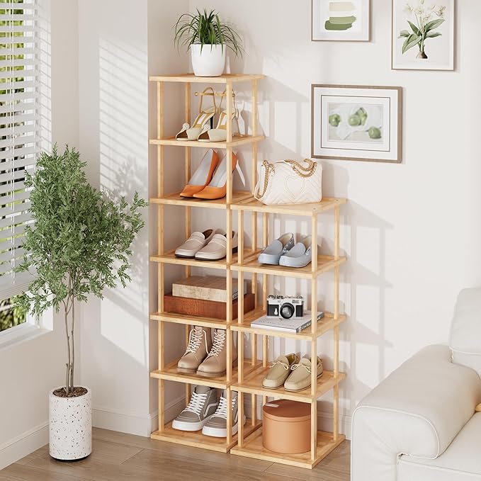 Vertical Tall Shoe Rack Organizer for Entryway -12 Tier Free Standing Slim Narrow Bamboo Wood Corner Stackable Shoe Boots Storage Stand Small Spaces for Closet Garage Cloakroom Living Room (Nature)