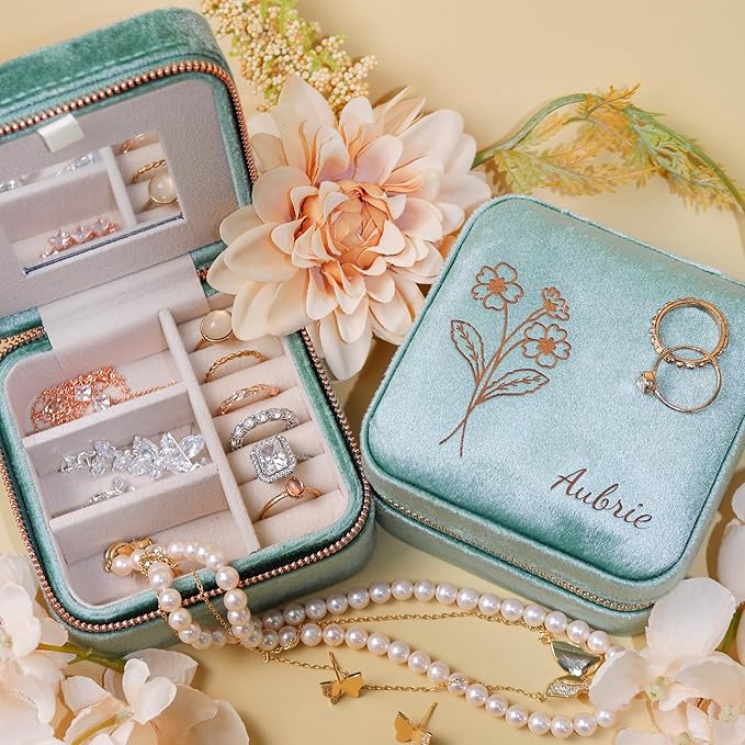 Customizable Compact Velvet Jewelry Box with Mirror, Travel Jewelry Case, Travel Jewelry Organizer, Jewelry Box for Women and Girls, Small Jewelry Organizer (Flower Design, Mint Green)