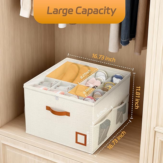 Shoe Organizer for Closet, 2 Pack Foldable Shoe Storage Organizer Box with Adjustable Dividers and Clear Cover, Space Saving Shoe Box with Reinforced Handles, Fits 16-32 Pairs, White