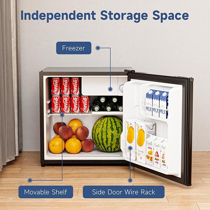 BANGSON 1.6 Cu.Ft Mini Fridge with Freezer, Energy Saving Low Noise Compact Refrigerator for Snacks Drinks Food Storage,Ideal for Office,Dorm,Bedroom,Apartment,Black