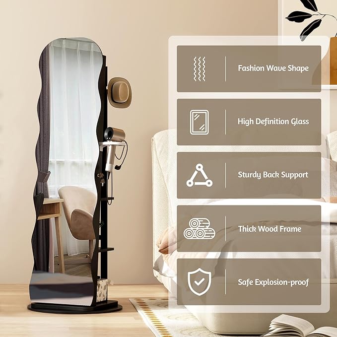 Vlsrka 360° Swivel Jewelry Aromire with Wavy Mirror, Lockable Jewelry Organizer Mirror Full Length, Rotatable Standing Mirror with Storage, Jewelry Cabinet, Interior Mirror, Flodable Shef, Black
