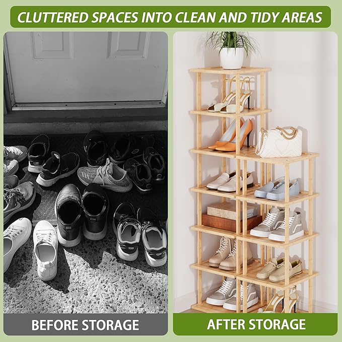 Vertical Tall Shoe Rack Organizer for Entryway -12 Tier Free Standing Slim Narrow Bamboo Wood Corner Stackable Shoe Boots Storage Stand Small Spaces for Closet Garage Cloakroom Living Room (Nature)