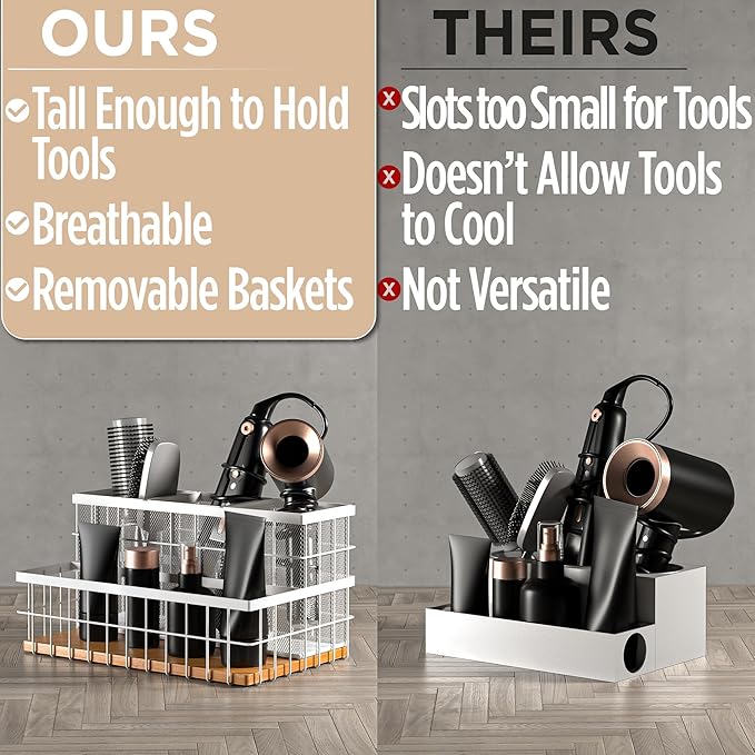 Hair Tool Organizer Countertop - Breathable Metal & Bamboo Hot Tools Organizer for Vanity - Hot Hair Tools Organizer Under Sink - Bathroom Hair Dryer Holder Countertop - Brush and Comb Holder Vanity