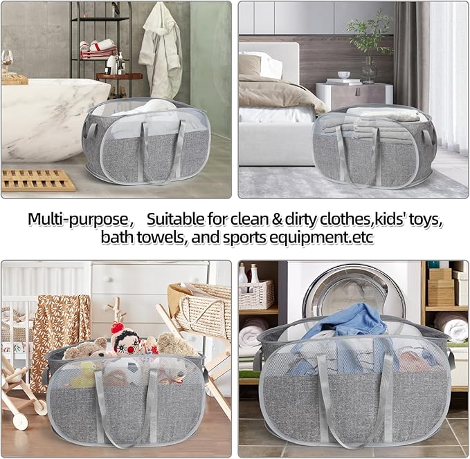 100L Collapsible Laundry Baskets, Tear Proof Pop Up Laundry Hamper with Dual Handles, Large Foldable Laundry Basket, Easy to Carry Laundry Hamper for Home, Laundry Room, Bedroom, Dorm, Travel Grey