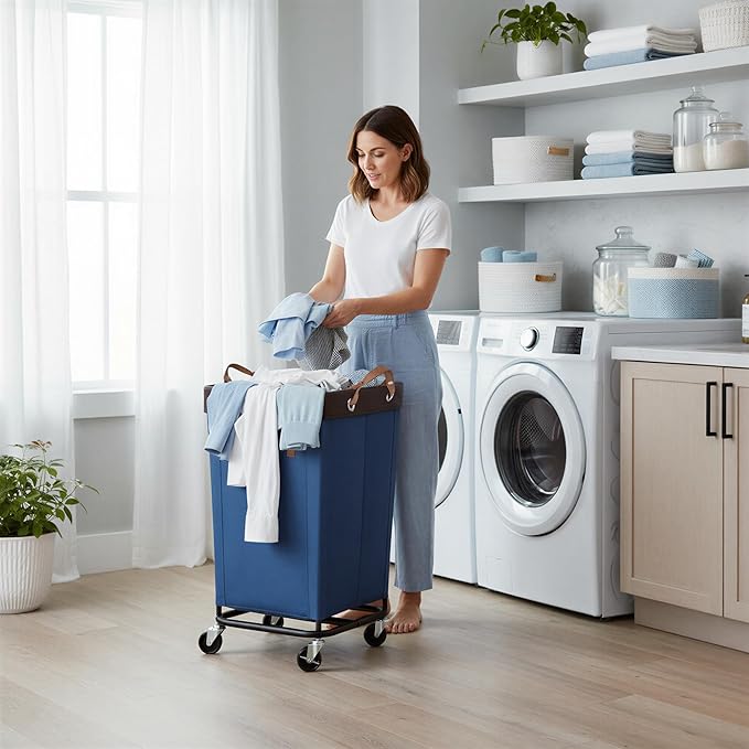 StorageWorks 160L Laundry Basket with Wheels, Large Rolling Hampers for Clothing Organizer, Dirty Clothes Basket for Hotel, Home, Closet, Dorm, Blue