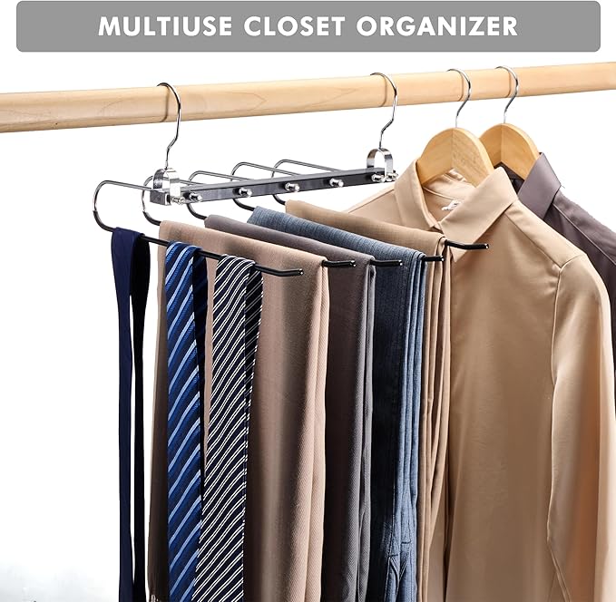 HOUSE DAY Pants Hangers Space Saving, Wood Jean Hangers for Closet, Non Slip Multi Functional Pants Rack Hanger Multiuse Pant Organizer for Closet Space Saving Hangers for Pants (4PACK, Black)