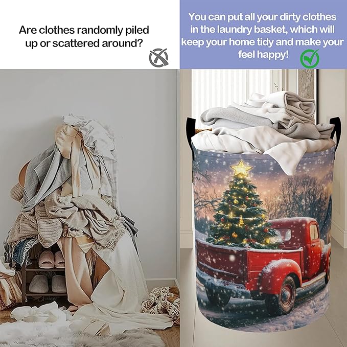 Christmas Laundry Basket, Retro Truck Tree Oxford Cloth Laundry Hamper With Handle Foldable Portable Clothes Storage Basket Storage Bag For Laundry Room/Bathroom/Bedroom/Dormitories