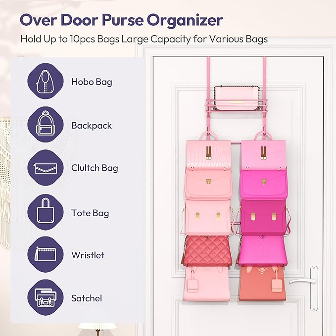 SWTYMIKI Over The Door Purse Organizer - Wall Mounted Handbag Organizer with 10 Hooks and Metal Basket, Hanging Purse Storage Rack Holds up to 10 Bags, Bag Rack Can Use As 1/2 Part, for Door, Closet
