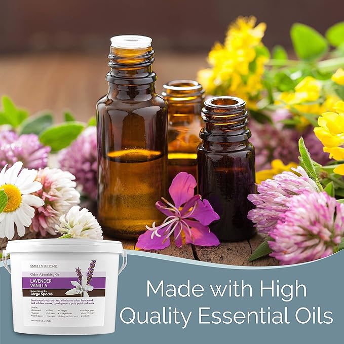 SMELLS BEGONE 1-Gallon Gel Odor Eliminator – High-Capacity, Long-Lasting Absorber for Large Basements, Garages, Workshops & Commercial Areas – Remove Tough Odors with Essential Oils (Lavender Vanilla)