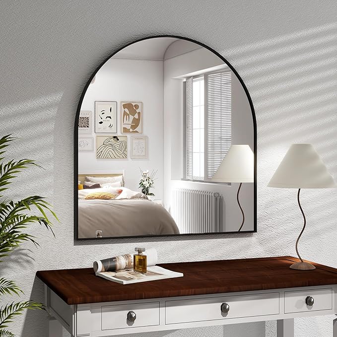 Arched Bathroom Mirror 32" x 34" for Bathroom Vanity Mirror or Wall Decor Black Arch Mirror Aluminum Alloy Frame Wall Mounted Mirror for Living Room Bedroom Entryway