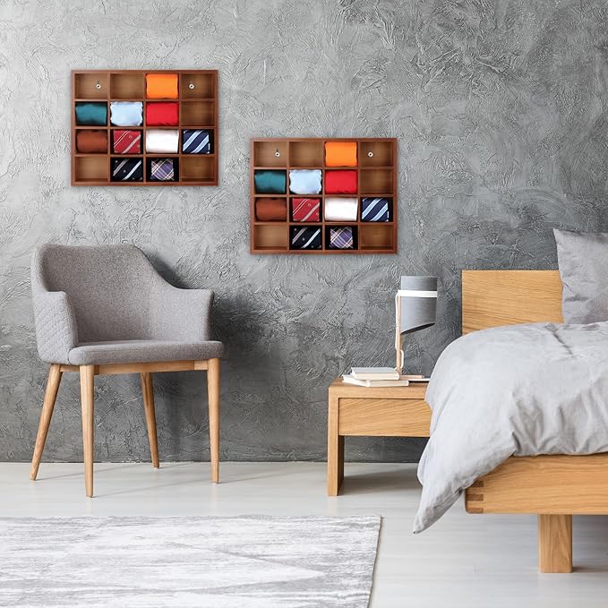 Wesiti Tie Box Organizer Wall Mounted Tie Rack with 16 Compartments Bamboo Belt Holder for Men Scarf Necktie Home Wall Closet(Dark Brown Color,2 Piece)