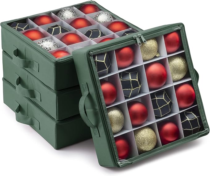 ZOBER Premium Christmas Ornament Storage Box with Lid 3" Compartment, Contains 4 Trays W Transparent Zippered Cover for More Protection (Green)