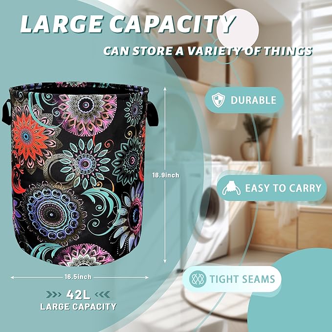 Mandalas Flowers Laundry Basket With Handles Oxford Cloth Tote Bag Colorful Laundry Hamper 18.9"x16.5" Foldable Clothes Storage Bucket Toy Organizer For Bathroom/Laundry/Bedroom