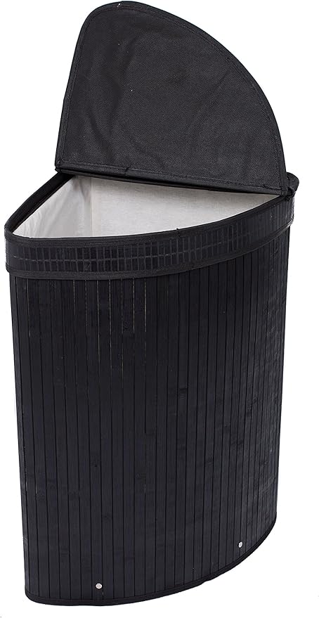 BirdRock Home Corner Laundry Hamper with Lid and Cloth Liner - Bamboo - Black - Easily Transport Laundry Basket - Collapsible Hamper - String Handles