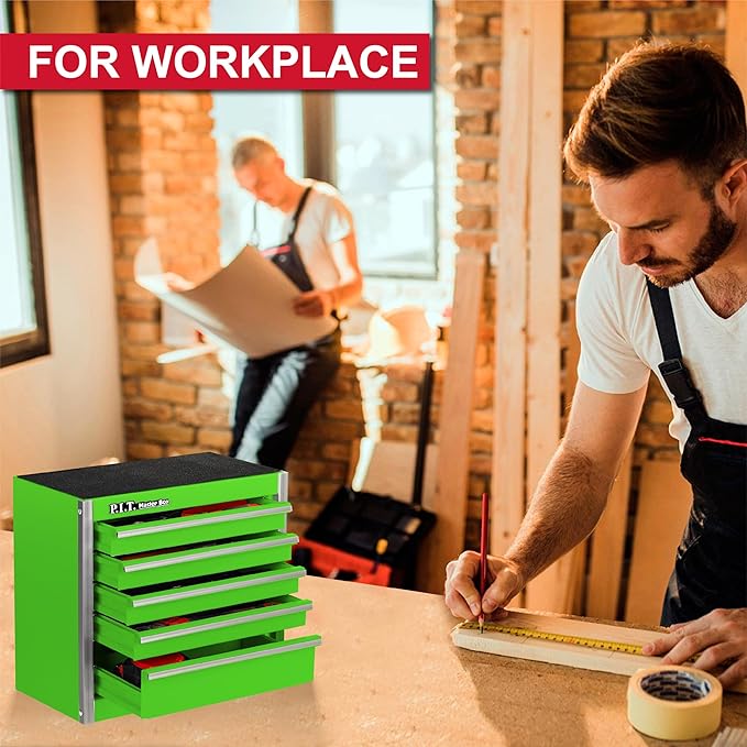 P.I.T. Mini Green Tool Box, Portable 5-Drawer Micro Roll Cab Steel Tool Box with Liner, Green Small Tool Case for Tools Storage, Home DIY
