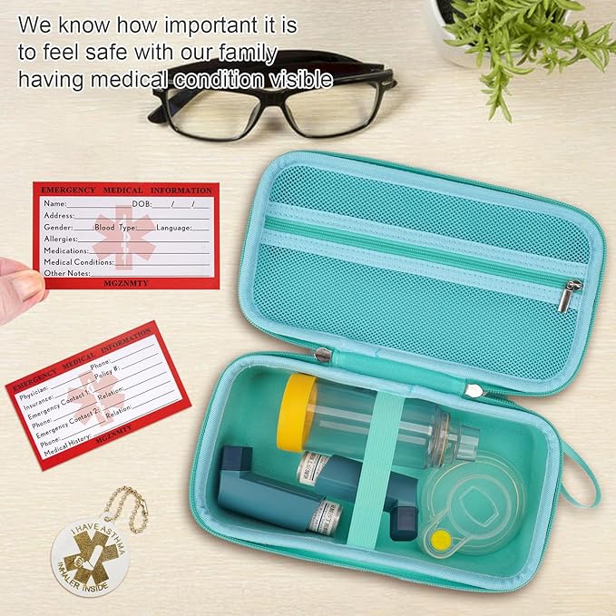 MGZNMTY Travel Carrying Case Compatible with Asthma Inhaler Spacer for Adults and Children, Masks, Inhaler Holder with Asthma Alert Tag and Medical Card, Carabiner (Only Case) (Green)