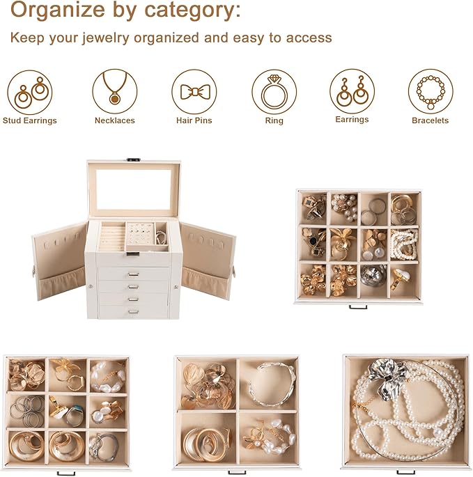 Frebeauty 5-layer Jewelry Box,Faux Leather Jewelry Organizer with 4 Drawers,Jewelry Organizers and Storage with Mirror,Jewelry Holder Organizer for Necklace,Jewerly Boxes for Women Girls(White)