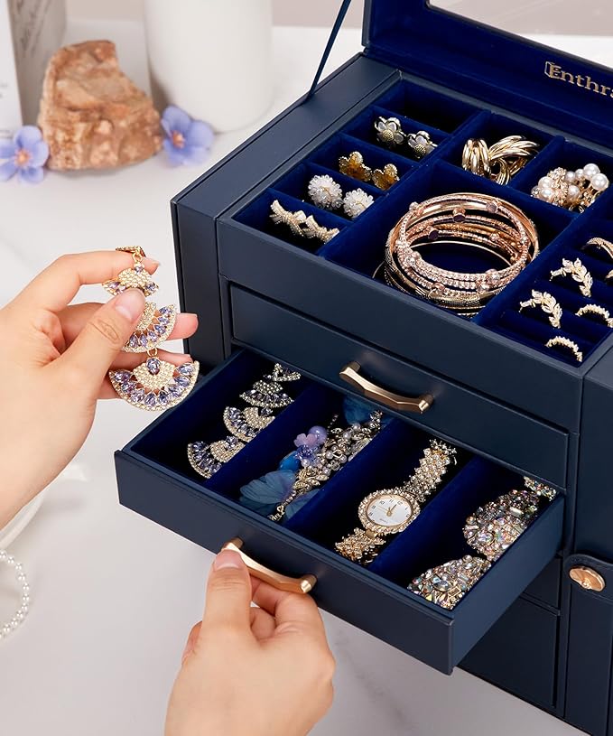 Jewelry Box with 3 Drawers: Display Organizer for Earrings Necklaces - Gifts for Girls Women (Dark Blue)