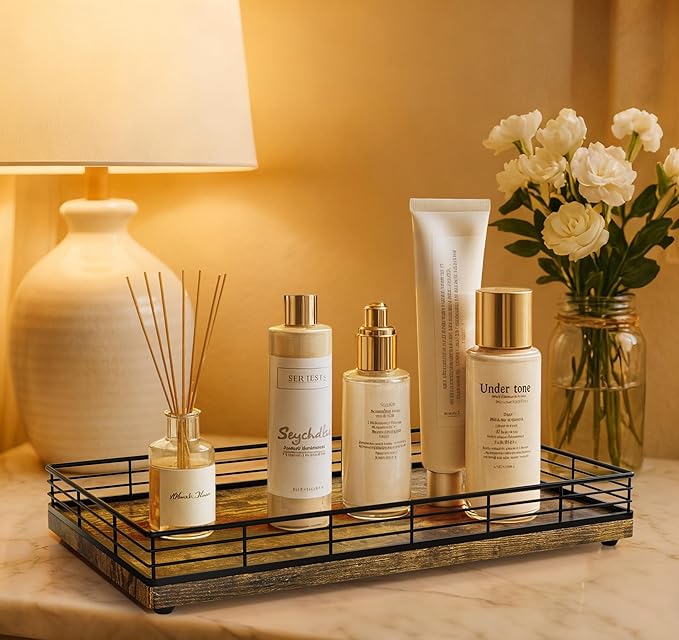 Large Bathroom Vanity Tray – 13" x 8" Decorative Wooden Tray for Bathroom Countertop & Vanity Organizer, Wood Tray for Perfume, Skincare Accessories Storage, Vanity Dresser Decor Black & Rustic Brown