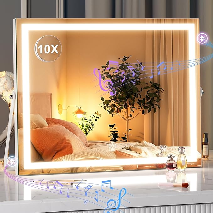 Hasipu Vanity Mirror with Lights and Bluetooth Speaker, 17.7" x 13.8" LED Makeup Mirror with 10X Magnification, Smart Touch 3 Colors Dimmable, Brightness Adjustment, 360° Rotation, White