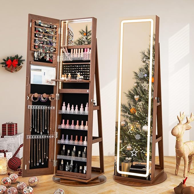 GOFLAME 360° Swivel Jewelry Cabinet Armoire with Full Length Mirror, Standing Jewelry Storage Organizer with Rear Storage Shelves, 3-Color LED Lights, Foldable Shelf, Interior Mirror, Walnut