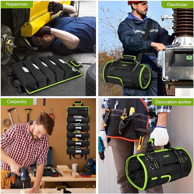 Tool Bag,Large Roll Up Tool Bag Organizer,13 Pockets Tool Roll Storage Pouch,Heavy Duty Portable Tool Storage Carrier Bag for Men,Mechanic,Electrician & Hobbyist,Black/Green