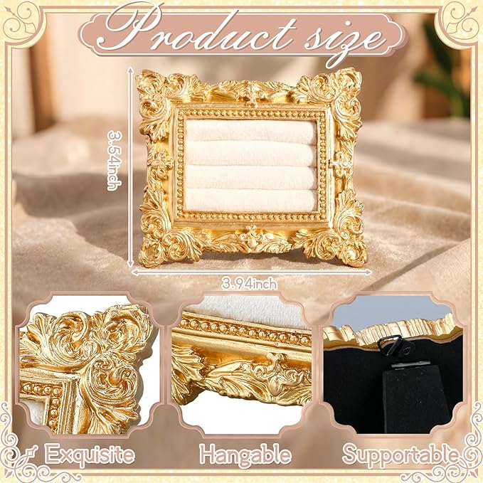 Vintage Ring Holder Wide Gold Ring Wedding Display Suede Jewelry Box Stand Frame Earring Tray Anniversary Engagement Baroque Organizer Photograph Prop for Women Birthday Gifts