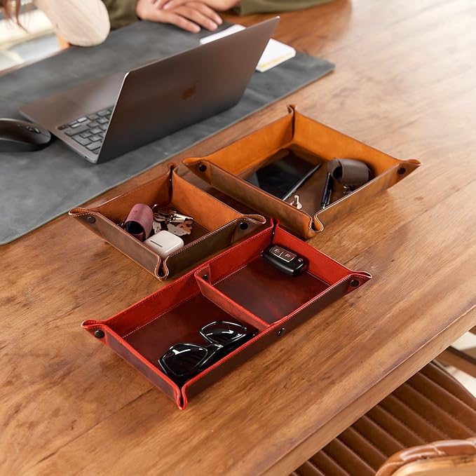 Handmade Leather Catch All Tray and Organizer for Keys, Phones, Jewels, Coins, Rectangular, Deep Black