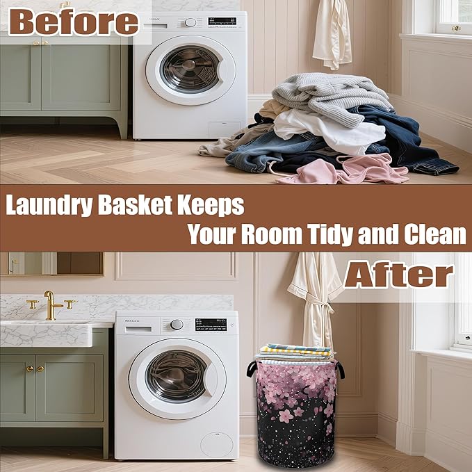Cherry Blossoms Laundry Basket,Waterproof Foldable Pink Glitter Laundry Hamper,Dirty Clothes Basket, Linen Bin Storage Organizer Collection 16" x 20.8"