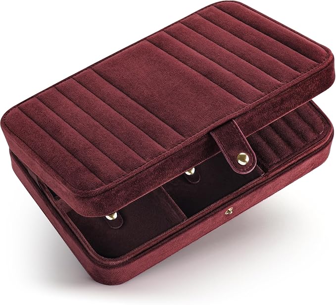 VELORIA Velvet Travel Jewelry Box Organizer, Jewelry Case with 8 Snap Clasps for Necklaces, Ring & Earring Storage, Compact Jewelry Organizer for Bracelets and Bangles, Dark Red