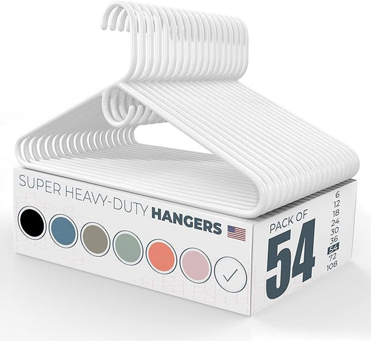 Neaties Super Heavy Duty Clothes Hangers 50 Pack (54 Count) – Made in The USA - 10lb Capacity, Thick Plastic Hangers for Pants, Coats, Jackets, Jeans and Adult Clothing – White
